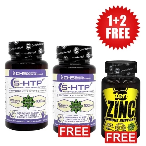 Cvetita Herbal 1+1 FREE 5-HTP - Grifonia Seed Extract - 80 capsules x 100 mg + 10/ten Zinc - Zinc 30 capsules x 15 mg