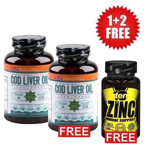 Cvetita Herbal 1+1 FREE Cod Liver Oil with Fenugreek - 130 gel capsules + 10/ten Zinc - Zinc 30 capsules x 15 mg