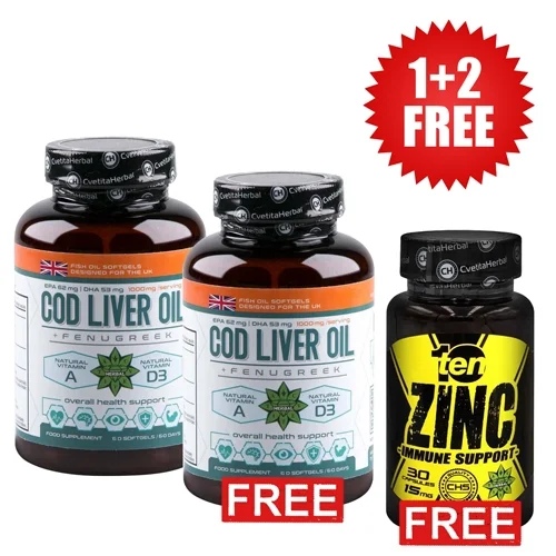 Cvetita Herbal 1+1 FREE Cod Liver Oil with Fenugreek - 90 softgels + 10/ten Zinc - Zinc 30 capsules x 15 mg