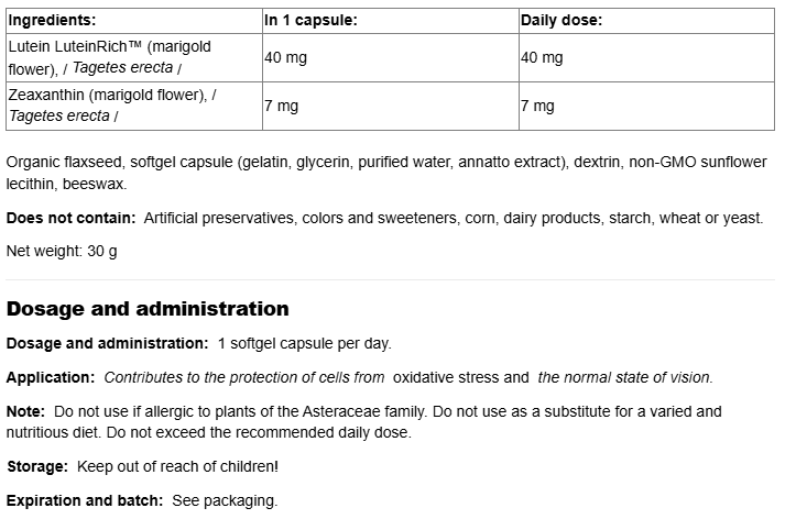 Natural Factors Lutein 40 mg-fisa nutrițională