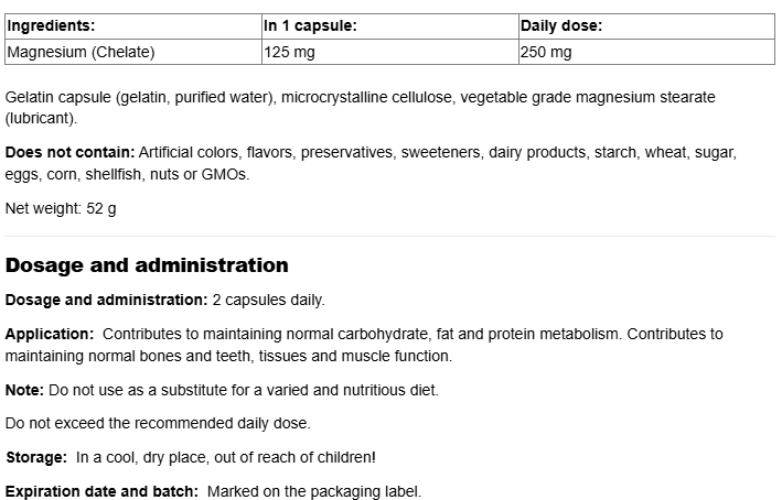 Natural Factors Magnesium Chelate 125 mg-fisa nutrițională