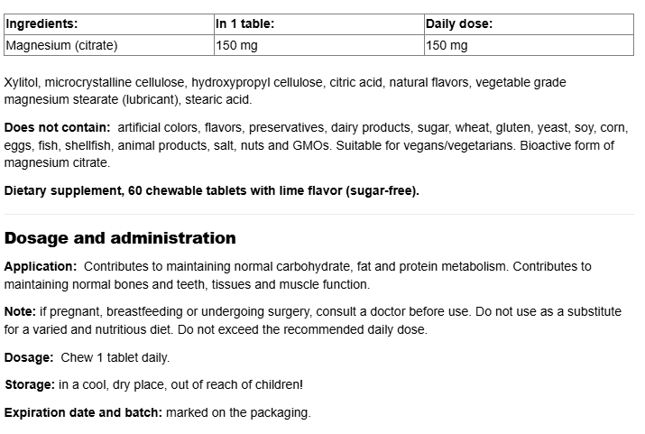 Natural Factors Magnesium Citrate 150 mg-fisa nutrițională