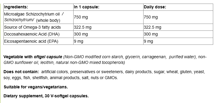 Natural Factors Marine DHA Vegan Omega 3 NON-GMO-fisa nutrițională
