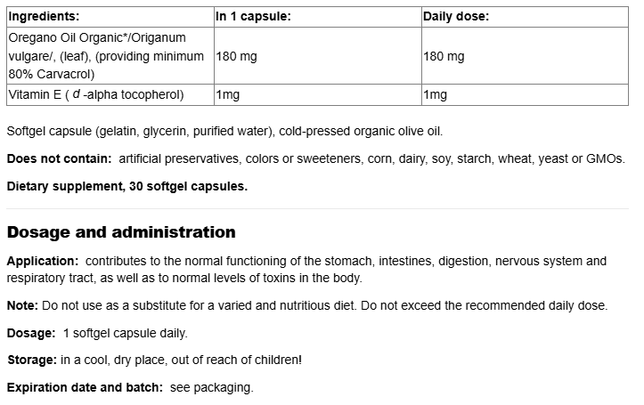 Natural Factors Oil of Oregano Organic 180 mg-fisa nutrițională