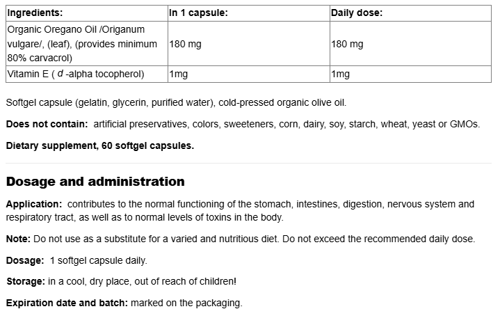 Natural Factors Oil of Oregano Organic 180 mg-fisa nutrițională