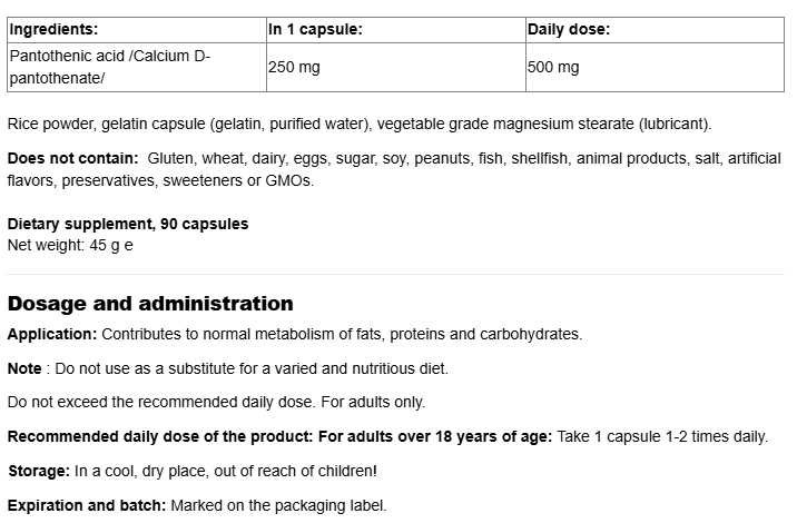 Natural Factors Pantothenic Acid 250 mg-fisa nutrițională