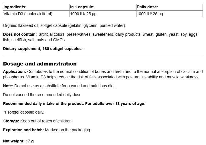 Natural Factors SunVitamin D3 1000 IU-fisa nutrițională