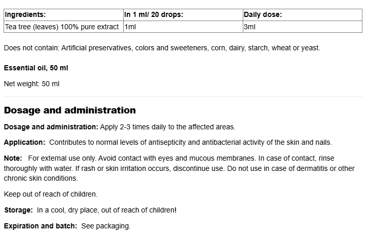 Natural Factors Liquid Tea Tree Oil-fisa nutrițională