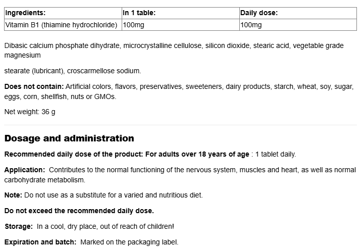 Natural Factors Vitamin B1 Thiamin HCL 100 mg-fisa nutrițională