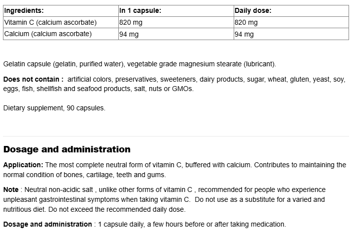 Natural Factors Vitamin C 1000 mg | Calcium Ascorbate Caps-fisa nutrițională
