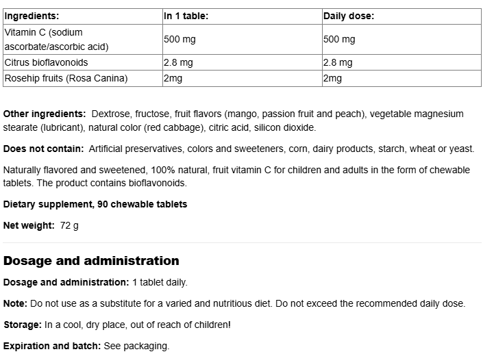 Natural Factors Vitamin C 500 mg-fisa nutrițională