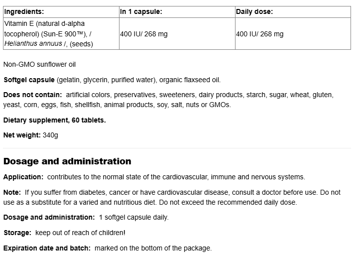 Natural Factors Whole Earth & Sea® Sunflower Vitamin E 400 IU-fisa nutrițională