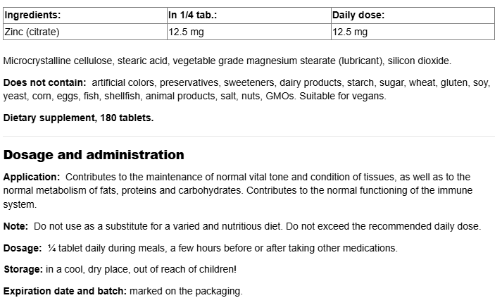 Natural Factors Zinc Citrate 50 mg-fisa nutrițională