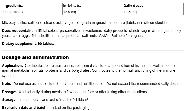 Natural Factors Zinc Citrate 50 mg-fisa nutrițională