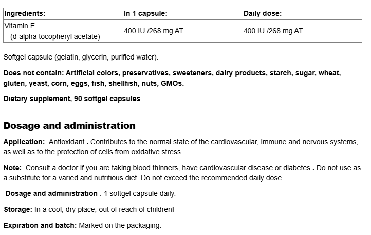 Natural Factors Clear Base Vitamin E 400 IU-fisa nutrițională