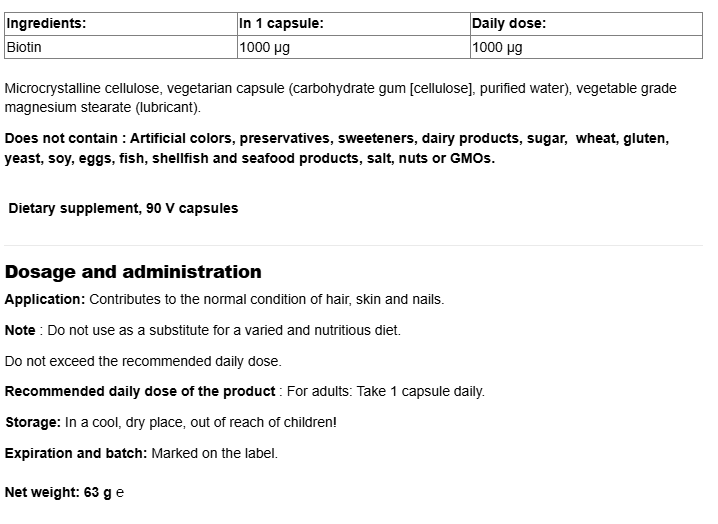 Natural Factors Biotin 1000 mcg-fisa nutrițională