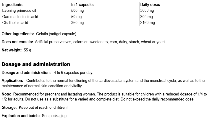 Natural Factors Ultra Prim Evening Primrose Oil 500 mg-fisa nutrițională
