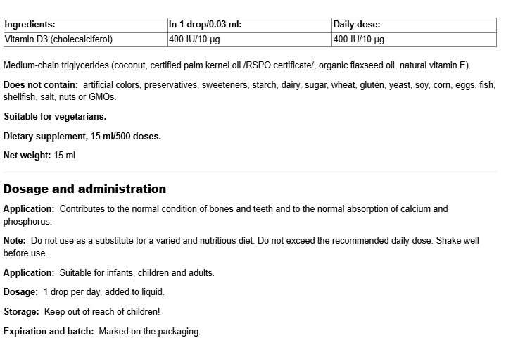 Natural Factors Vitamin D3 400 IU Drops-fisa nutrițională