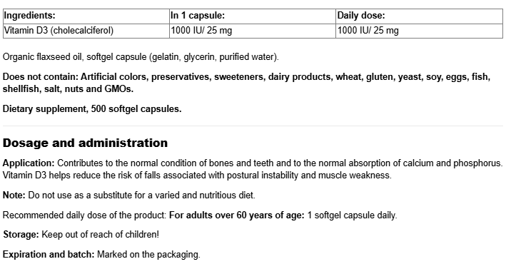 Natural Factors SunVitamin D3 1000 IU-fisa nutrițională