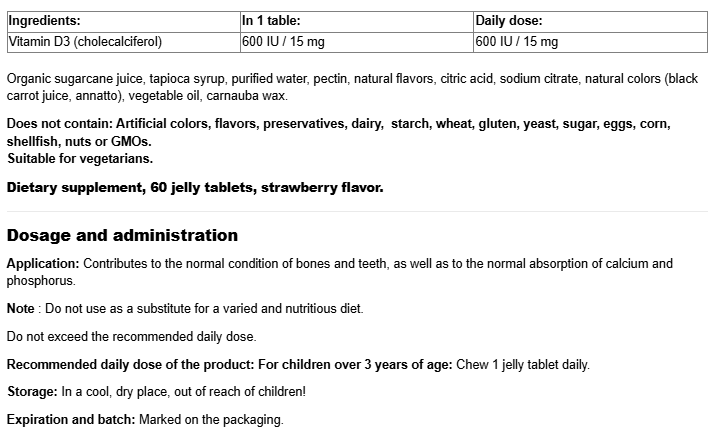 Natural Factors BigFriends Vitamin D3 for Kids 600 IU-fisa nutrițională