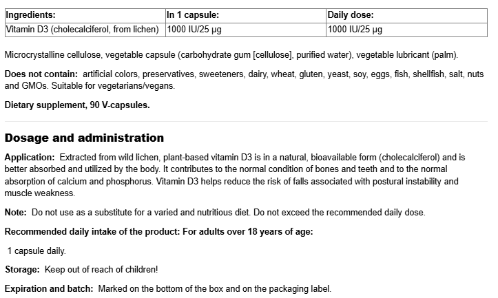 Natural Factors Whole Earth & Sea® Vitamin D3 1000 IU | Vegan Bioenhanced-fisa nutrițională