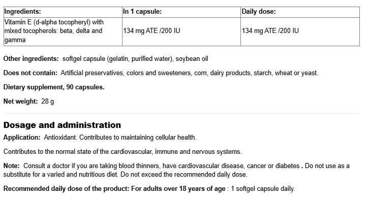 Natural Factors Mixed Vitamin E 200 IU-fisa nutrițională