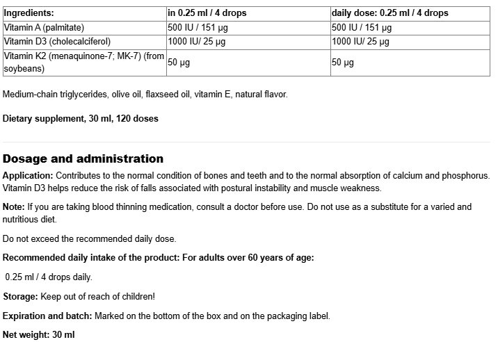 Natural Factors Vitamin K2, D3, A - Drops-fisa nutrițională