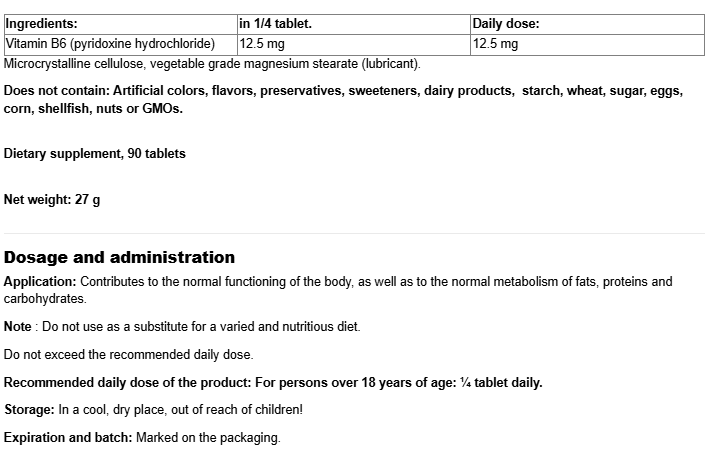 Natural Factors Vitamin B6 50 mg-fisa nutrițională