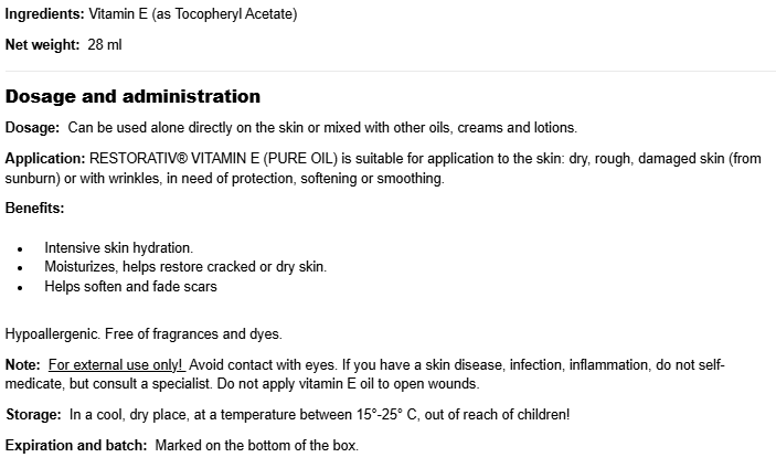 Natural Factors Vitamin E Restorativ 28 000 IU-fisa nutrițională