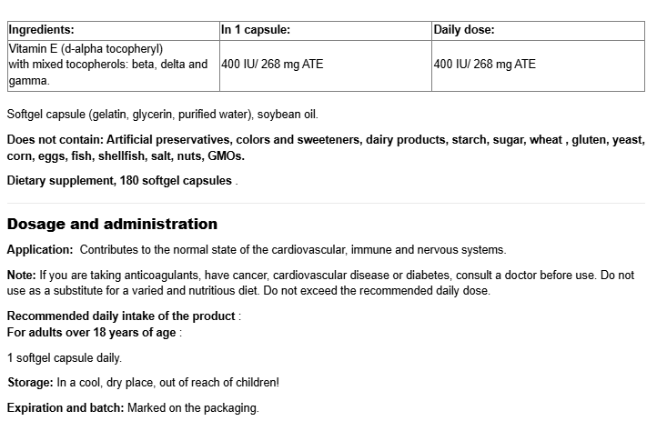 Natural Factors Mixed Vitamin E 400 IU-fisa nutrițională
