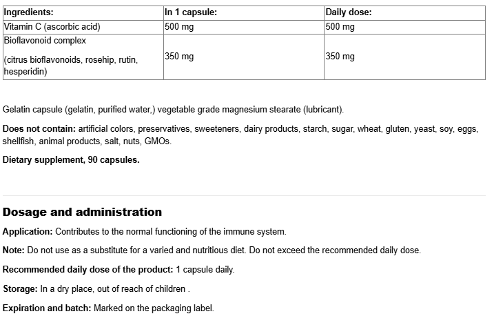 Natural Factors Vitamin C Extra 500mg with Bioflavonoids 350mg-fisa nutrițională