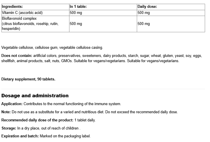 Natural Factors Vitamin C Extra 500mg with Bioflavonoids 500mg-fisa nutrițională