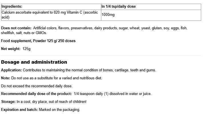 Natural Factors Vitamin C Calcium Ascorbate 1000mg Powder-fisa nutrițională