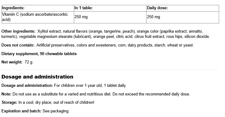 Natural Factors Big Friends Vitamin C for kids-fisa nutrițională