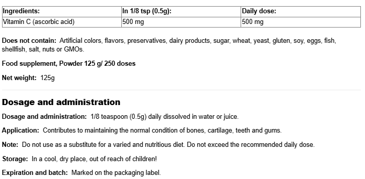 Natural Factors Vitamin C Crystals 1000 mg Powder-fisa nutrițională