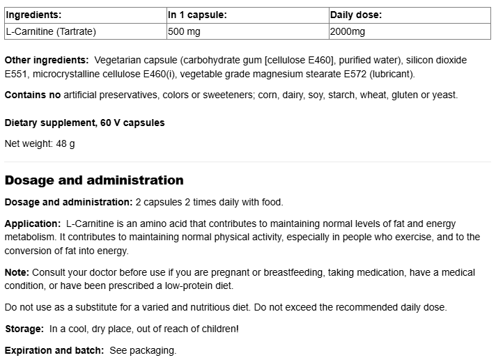 Natural Factors L-Carnitine 500mg-fisa nutrițională