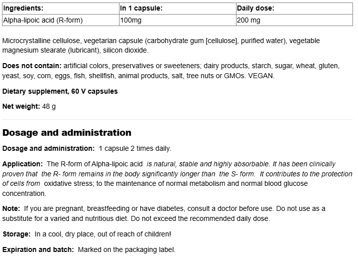 Natural Factors R-Alpha-Lipoic Acid-fisa nutrițională