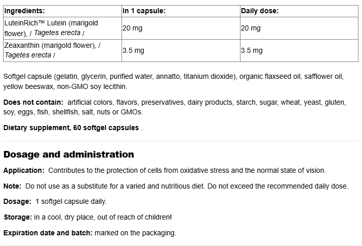 Natural Factors Lutein 20mg-fisa nutrițională