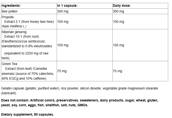 Natural Factors Pollen Plus Energy | With Siberian Ginseng, Bee Propolis and Green Tea-fisa nutrițională