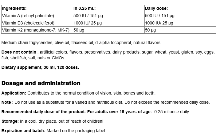 Natural Factors Vitamin K2+A+D3 Drops-fisa nutrițională