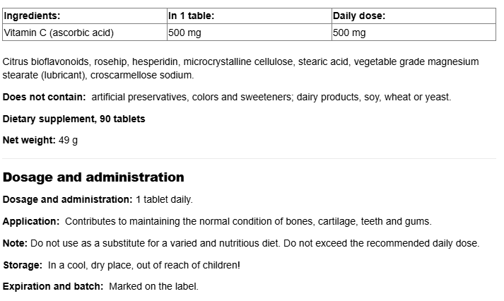 Natural Factors Vitamin C 500mg with Rosehip and Bioflavones-fisa nutrițională