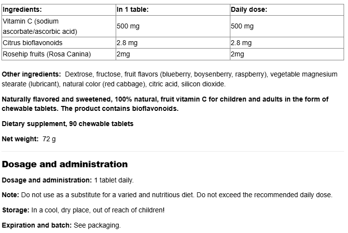 Natural Factors Vitamin C 500 mg 100% Natural Fruit Chew-fisa nutrițională