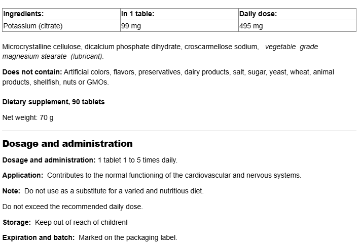 Natural Factors Potassium Citrate 99mg-fisa nutrițională