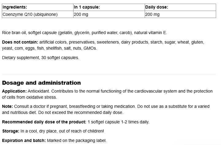 Natural Factors Coenzyme Q10 200 mg | All-Natural Form-fisa nutrițională