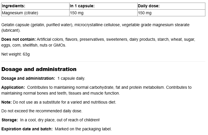 Natural Factors Magnesium Citrate 150 mg-fisa nutrițională
