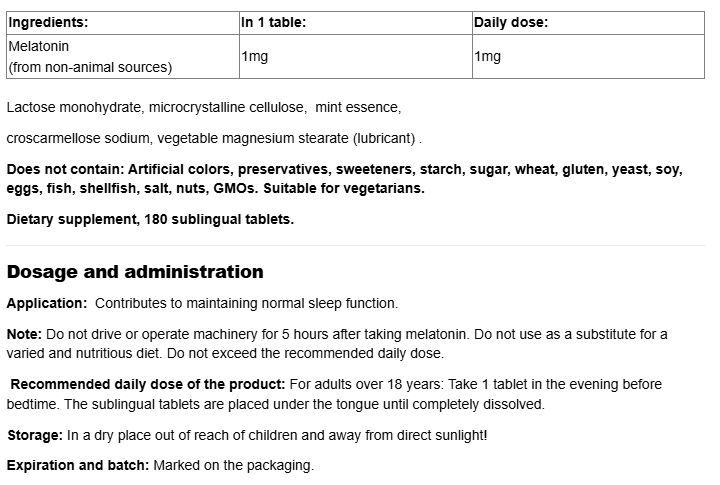 Natural Factors Melatonin 1mg-fisa nutrițională