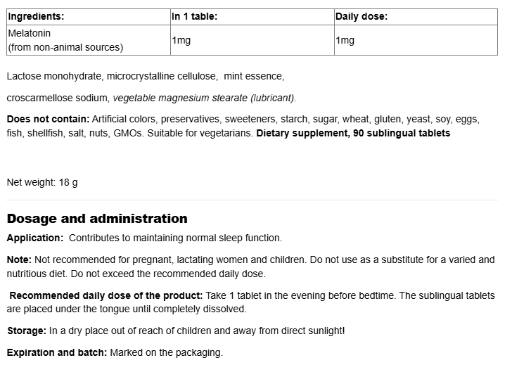 Natural Factors Melatonin 1mg-fisa nutrițională