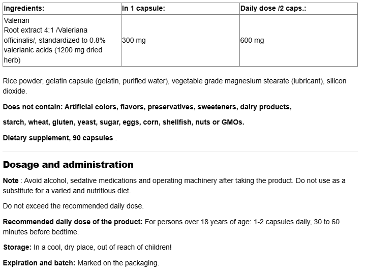 Natural Factors Valerian Root 300mg-fisa nutrițională