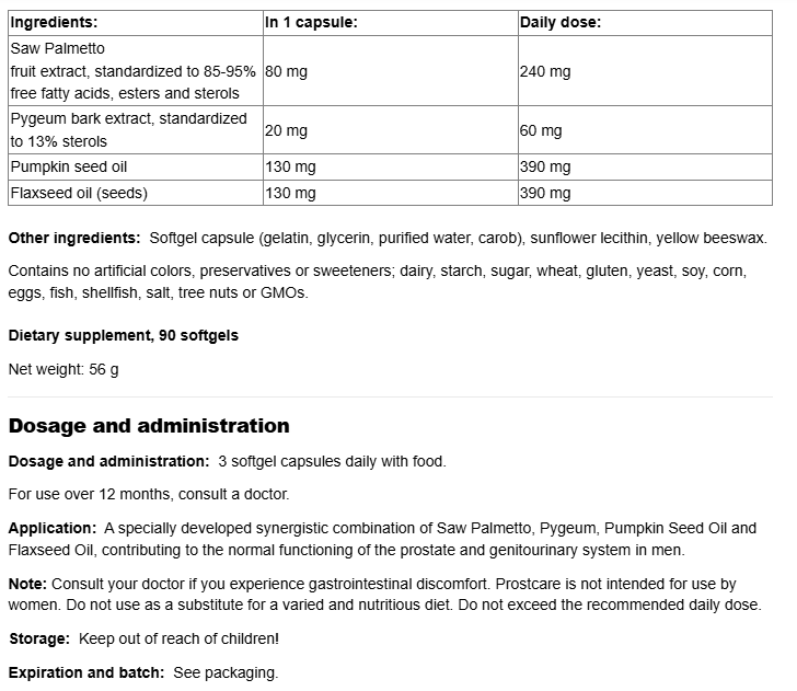 Natural Factors ProstCare-fisa nutrițională