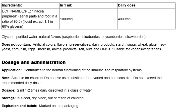 Natural Factors Echinamide Echinacea (without alcohol)-fisa nutrițională